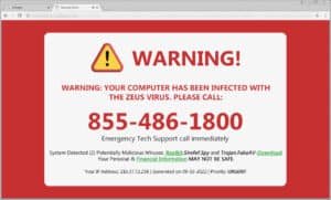 computer virus screen from a tech scammer