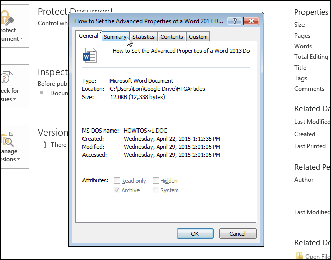 Advanced Properties dialog box